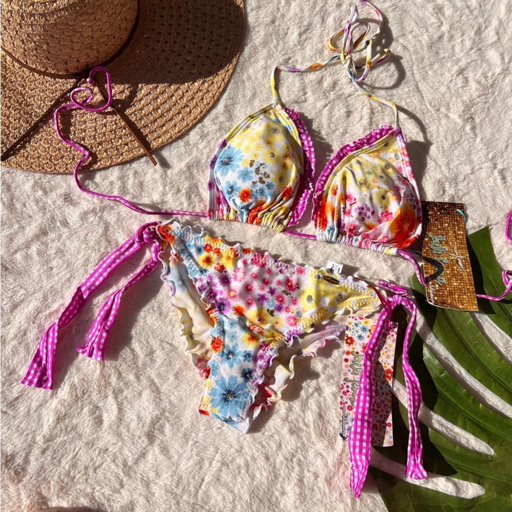 Luli Fama Cha Cha Cha Ruffle Triangle Top and Ruched Wavey Back Bikini Bottom - Picture 3 of 9
